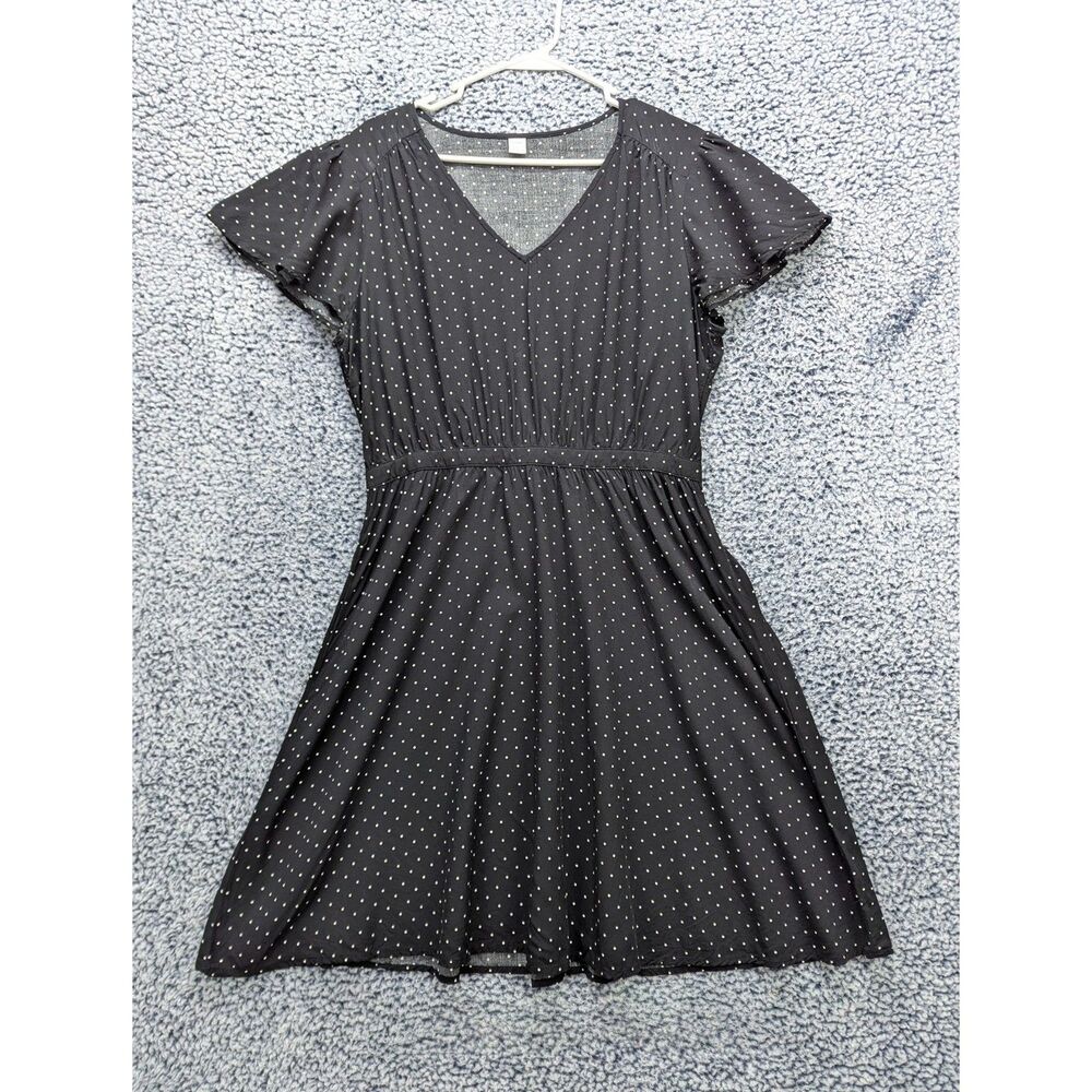 Old Navy Polka Dot Knee Length Babydoll Dress Size LG Lightweight V Neck Black
